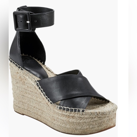 MARC FISHER ❤️🔥 BLACK LEATHER ESPADRILLE PLATFORM WEDGE NWT SIZE 10 - Picture 9 of 9